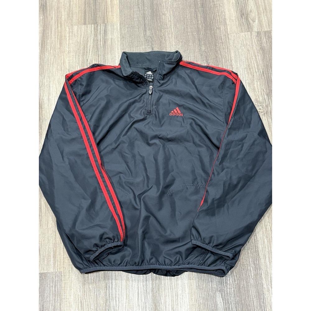Adidas Mens Quarter Zip Windbreaker Jacket Black Red Stripes Small - Picture 2 of 8